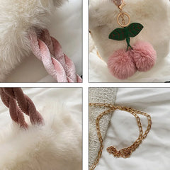Winter Plush Cherry Shoulder Bag Women Cross-body Furry Bucket Handbag