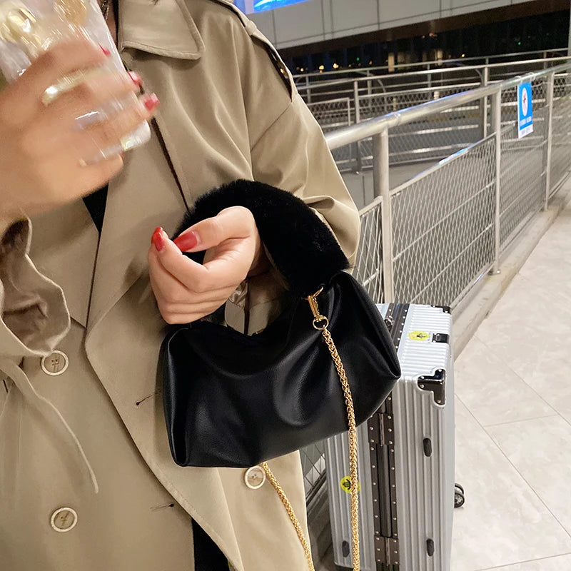 Winter Plush Hand Bag Metal Chain Shoulder Bags for Women