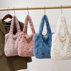 Winter Rose Pink Plush Shoulder Bag Fluffy Tote Underarm Handbag