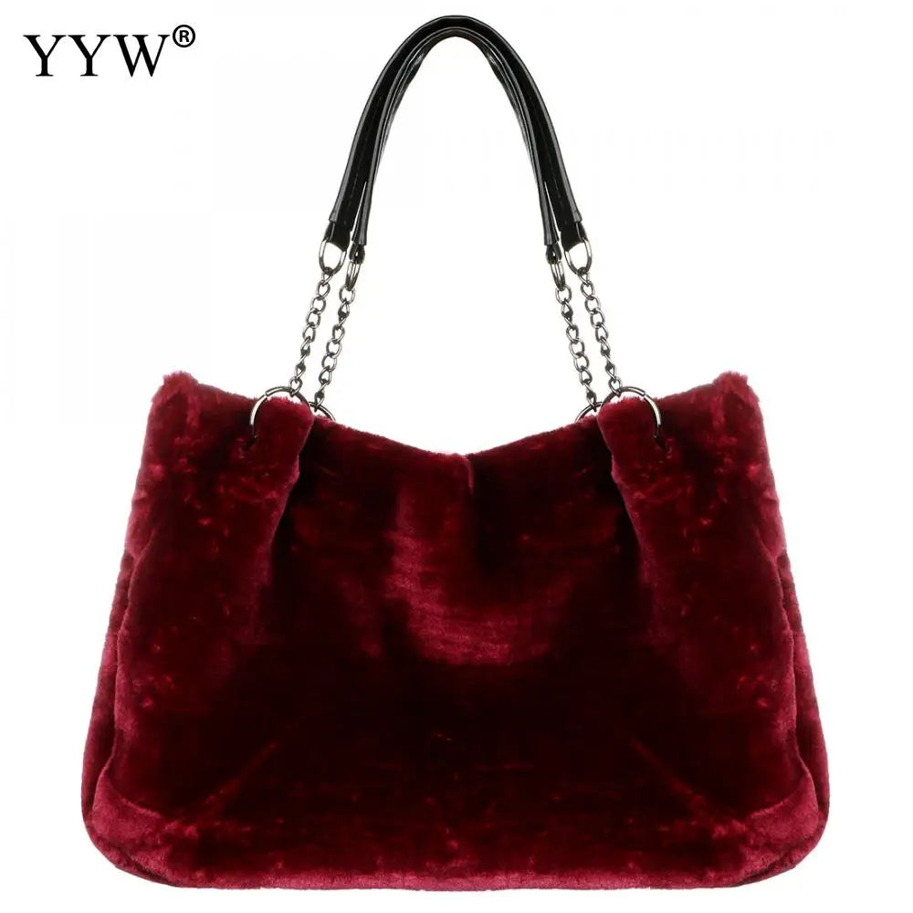 Women's Winter Shoulder Bag Large Faux Fur Handbag Chain Strap Evening Purse