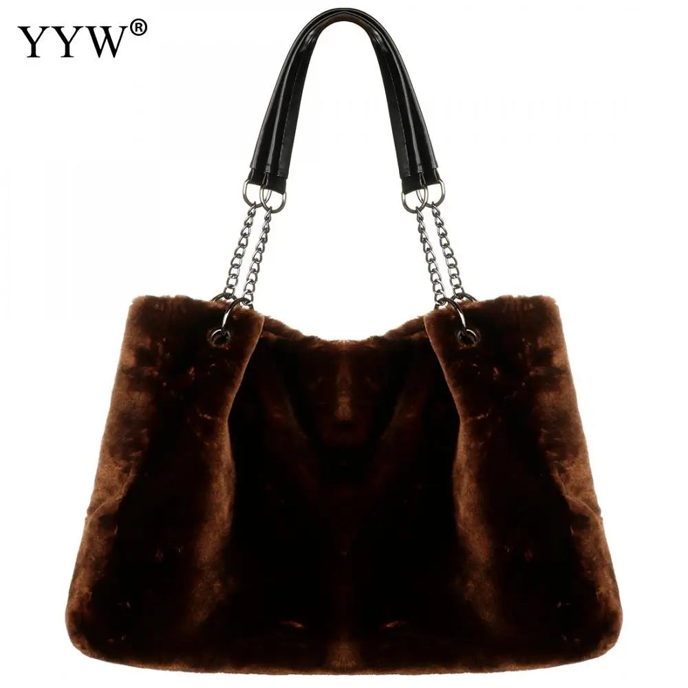 Women's Winter Shoulder Bag Large Faux Fur Handbag Chain Strap Evening Purse