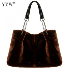 Women's Winter Shoulder Bag Large Faux Fur Handbag Chain Strap Evening Purse