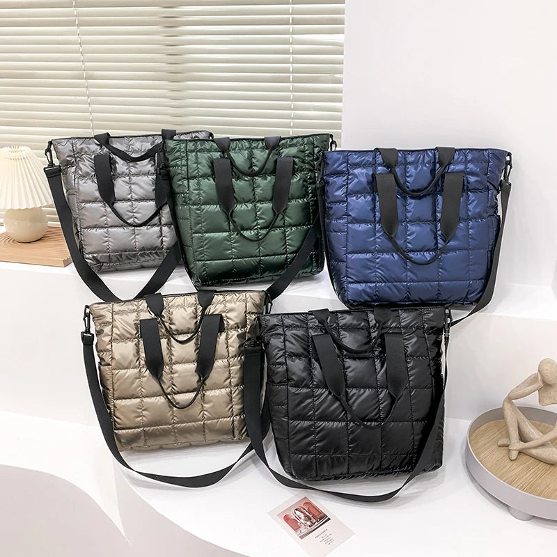Winter Shoulder Bags For Women - Quilt Padded Nylon Handbag