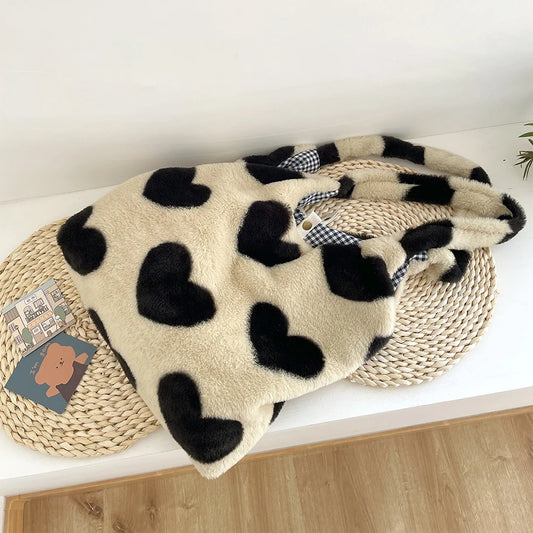 Winter Shoulder Handbags Soft Plush Top-handle Bags Love Heart Sweet