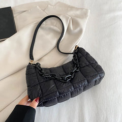Winter Soft Cotton Women's Shoulder Bags Solid Nylon Plaid Handbags And Purses