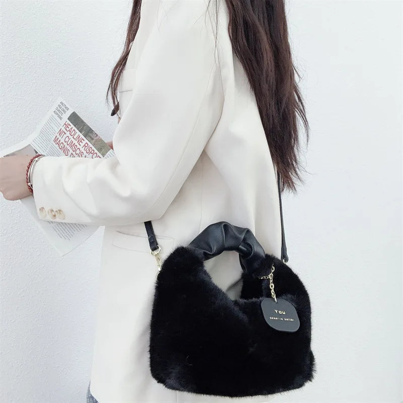 Winter Soft Faux Fur Women Bags Handle Lady HandBag Warm Plush Wrist Bags
