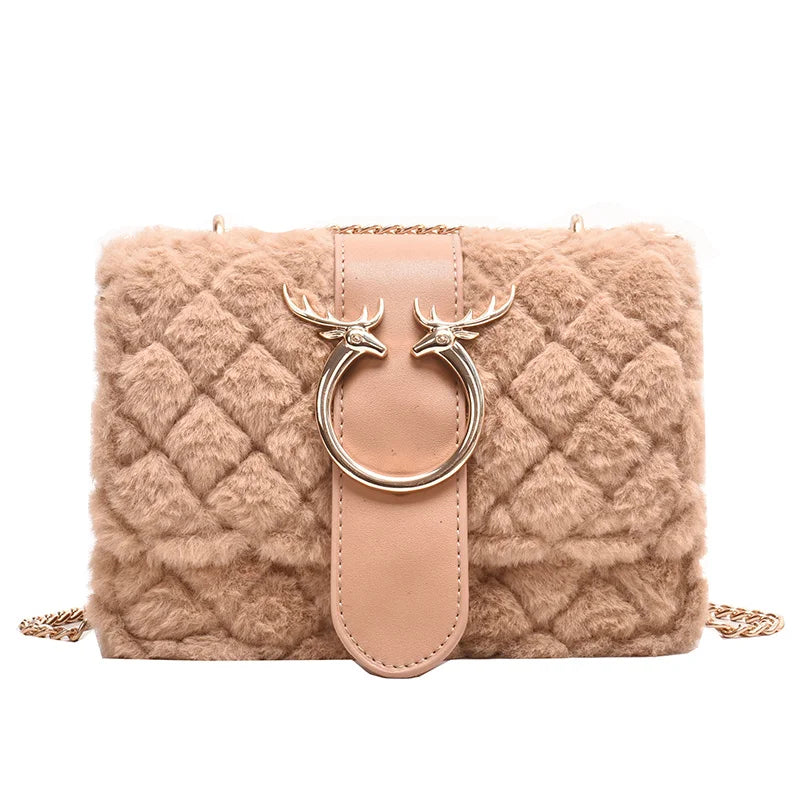 Winter Soft Fur Women Handbag Deer Lock Chain Plush Shoulder Messenger