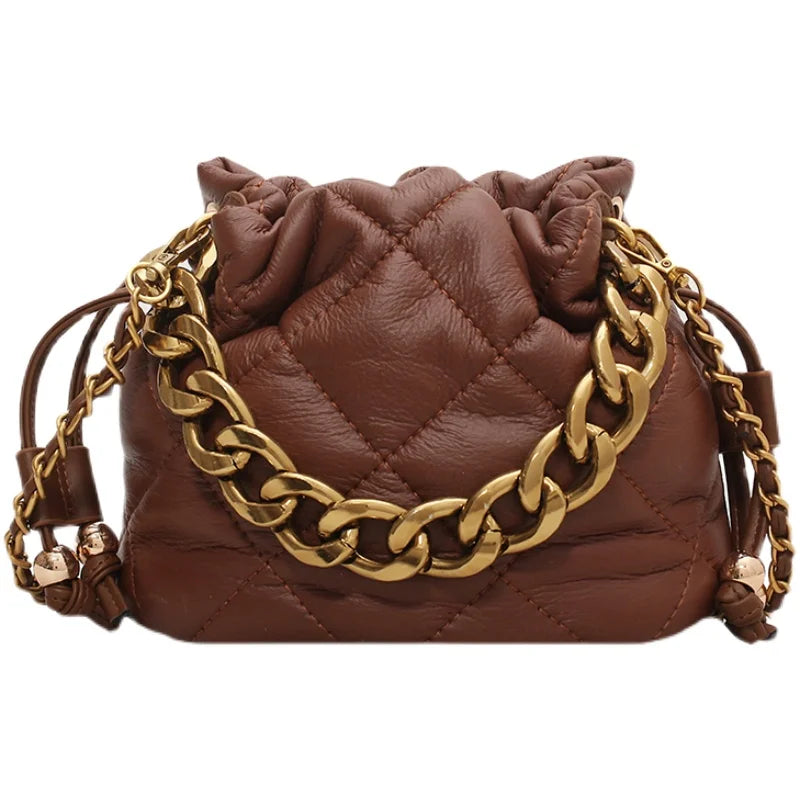 Winter Soft PU Leather Bucket Ladies Crossbody Bag Chain Lattice Barrel Shape