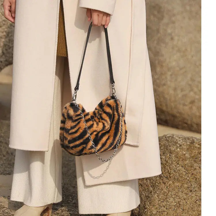 Soft Plush Leopard Print Women Shoulder Bag Vintage Female Tote Purse Handbags
