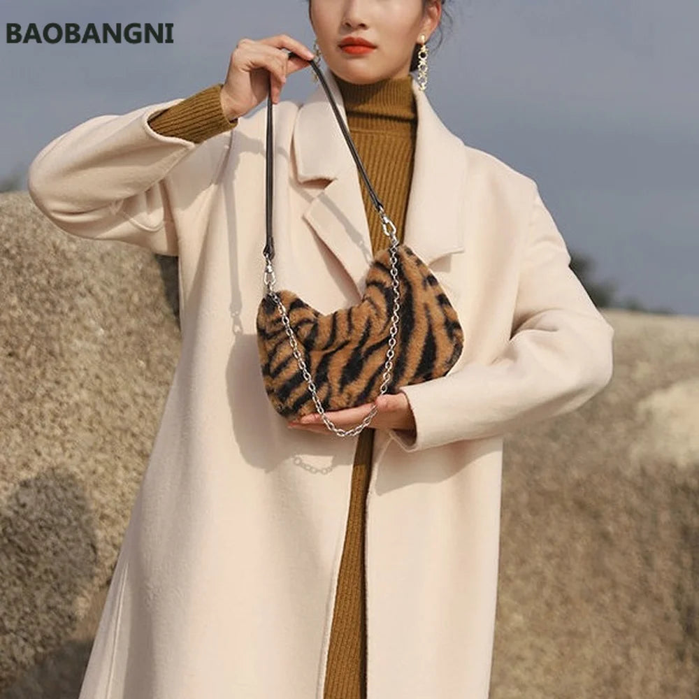 Soft Plush Leopard Print Women Shoulder Bag Faux Fur Ladies Tote Purse Handbag