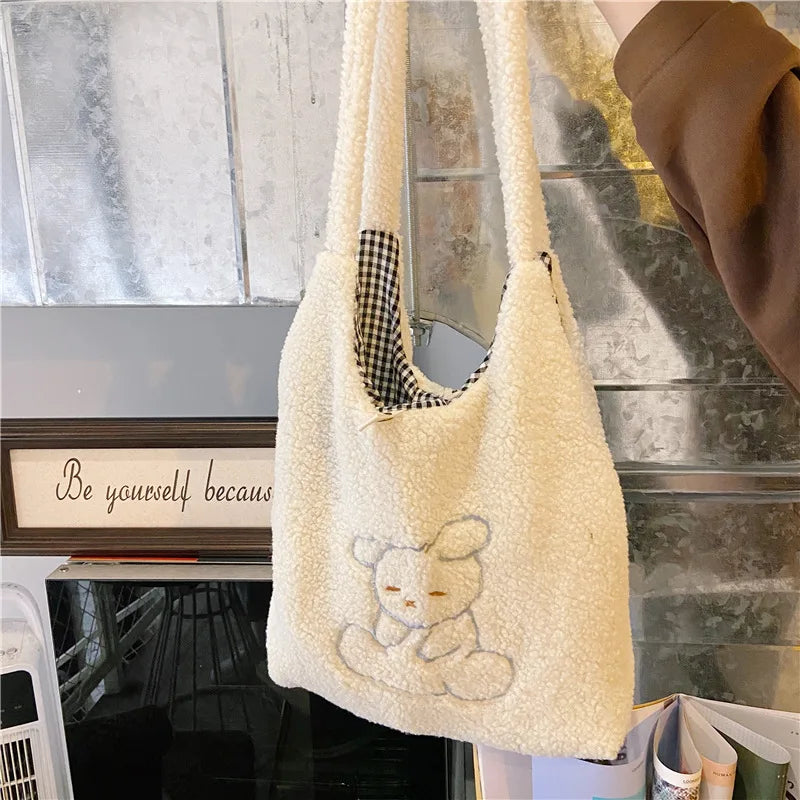 Winter Soft Plush Women Shoulder Vest Bag Student Female Embroidered