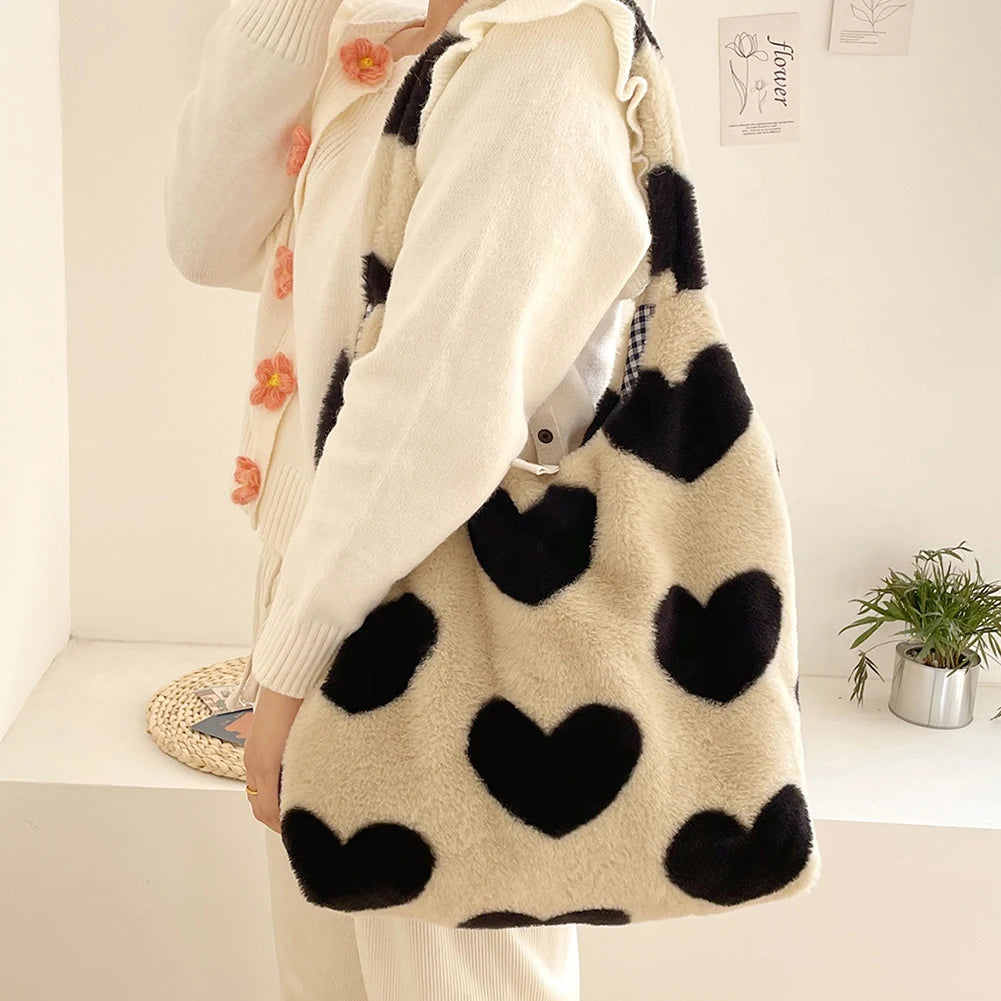 Winter Top-handle Love Heart Fluffy Shopping Bag for Women