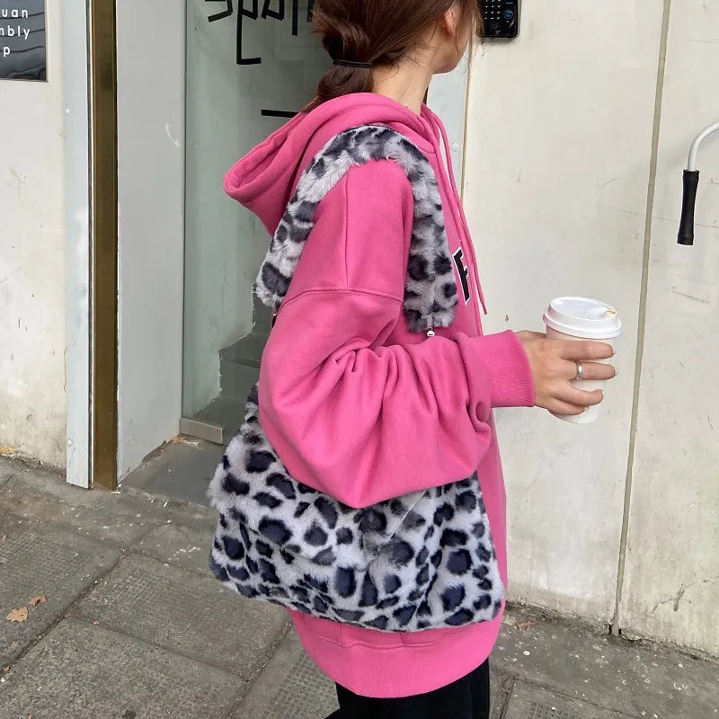 Winter Vintage Pink Leopard Underarm Bag Soft Warm Fur Tote Purse