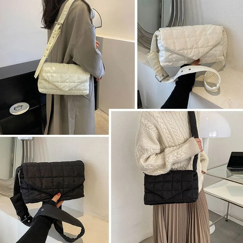 Winter Warm Plaid Shoulder Bags Lightweight Down Cotton Padded Quilted Tote