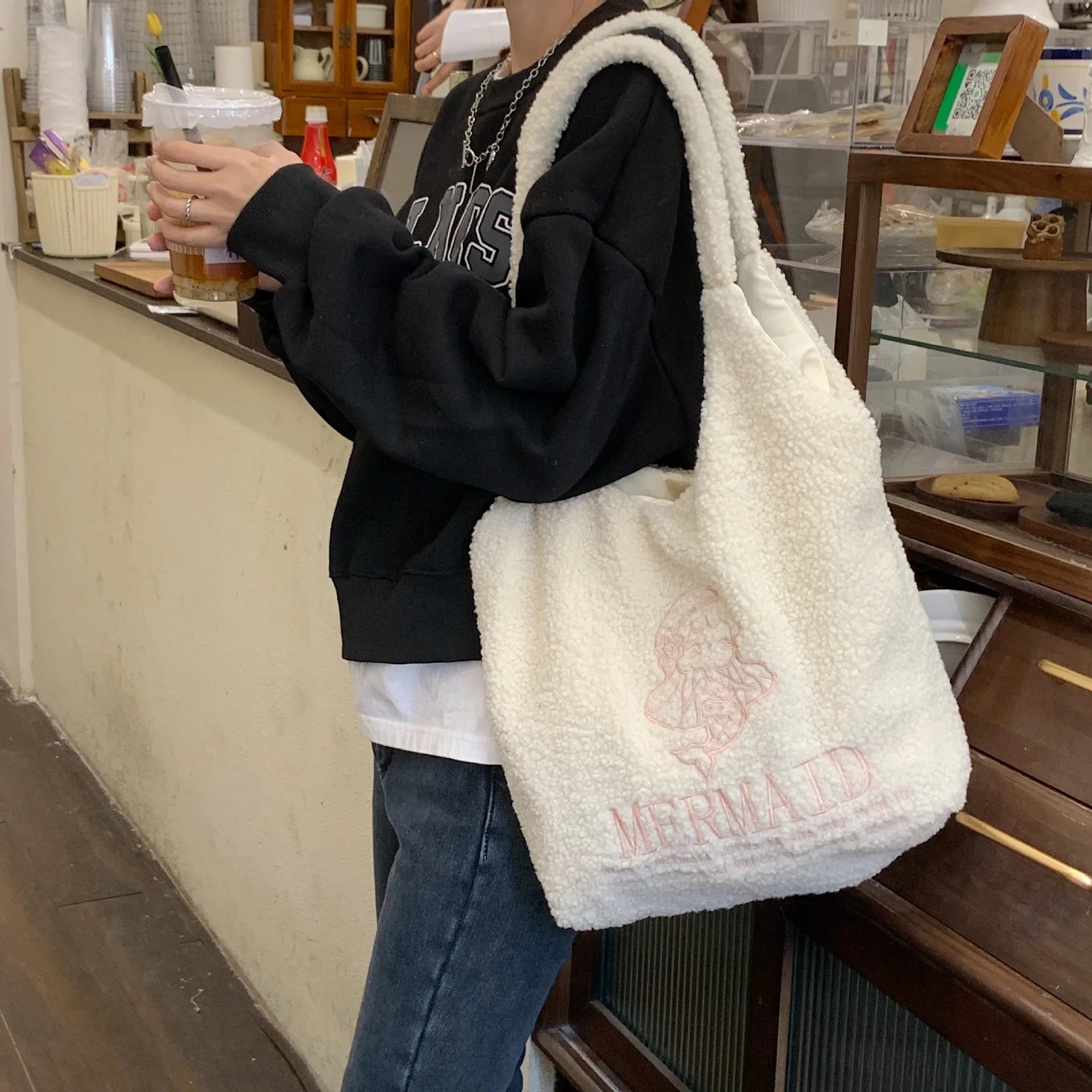 Winter Soft Plush Shoulder Bag Women Cartoon Embroidery Purses