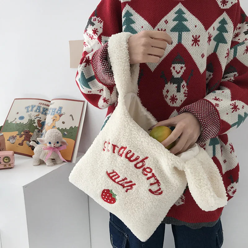 Winter Women Small Plush Tote Warm Cloth Wrist Bags Embroidery Soft Handbag