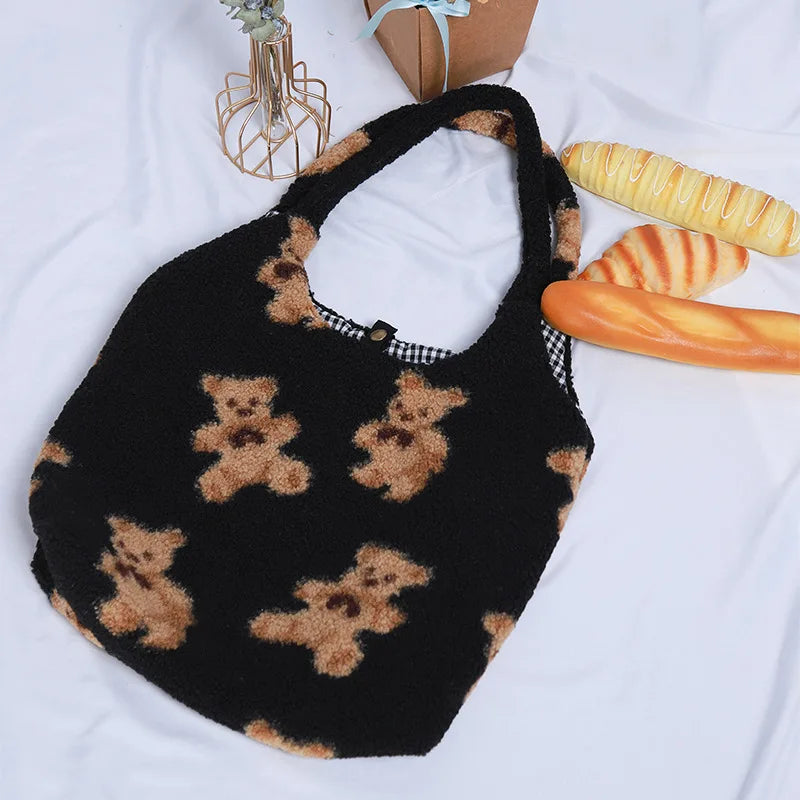 Winter Women's Cartoon Handbags Faux Lamb Swool Plush Shoulder Bag