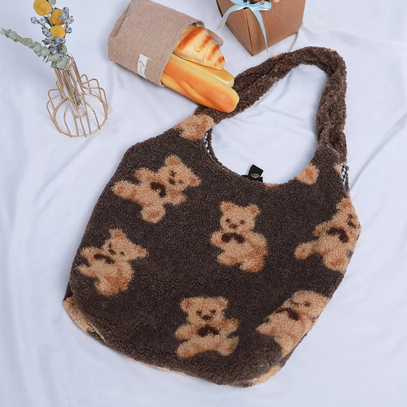 Winter Women's Cartoon Handbags Faux Lamb Swool Plush Shoulder Bag