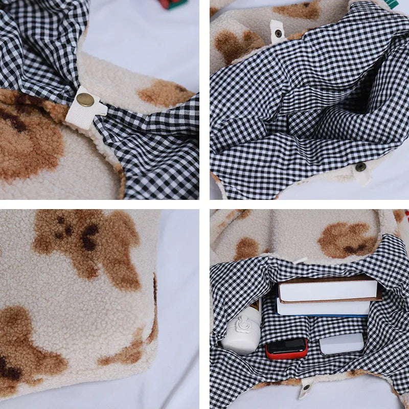 Winter Women's Cartoon Handbags Faux Lamb Swool Plush Shoulder Bag