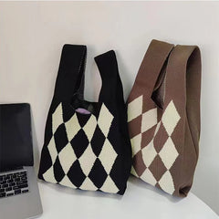 Plaid Knitted Shoulder Bag Winter Wool Handbag for Women