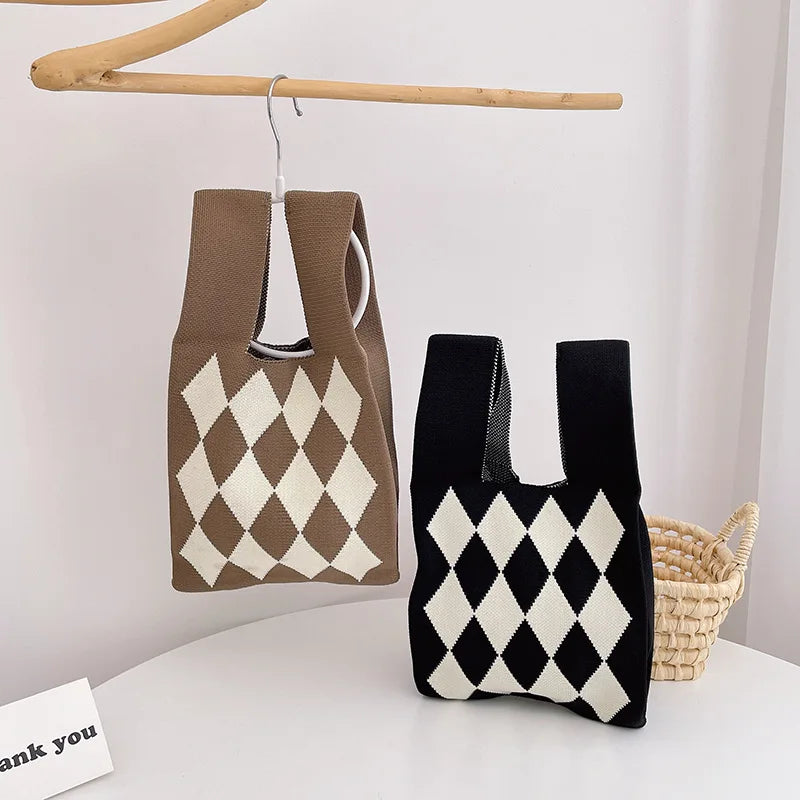 Plaid Knitted Shoulder Bag Winter Wool Handbag for Women