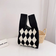 Plaid Knitted Shoulder Bag Winter Wool Handbag for Women
