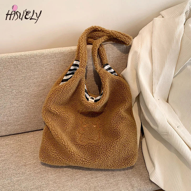 Winter Plush Handbag Embroidered Bear Woolen Bag