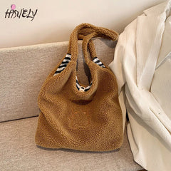 Winter Plush Handbag Embroidered Bear Woolen Bag