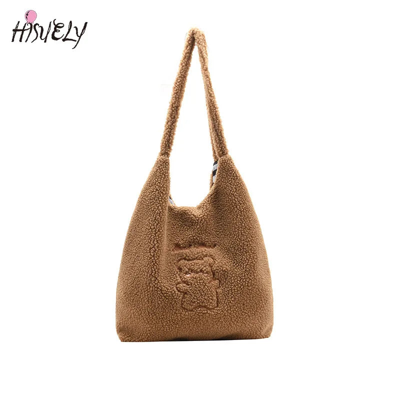 Winter Plush Handbag Embroidered Bear Woolen Bag