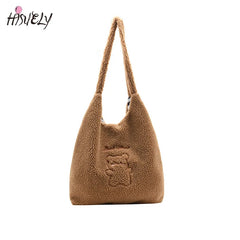 Winter Plush Handbag Embroidered Bear Woolen Bag