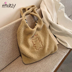 Winter Plush Handbag Embroidered Bear Woolen Bag