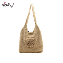 Winter Plush Handbag Embroidered Bear Woolen Bag