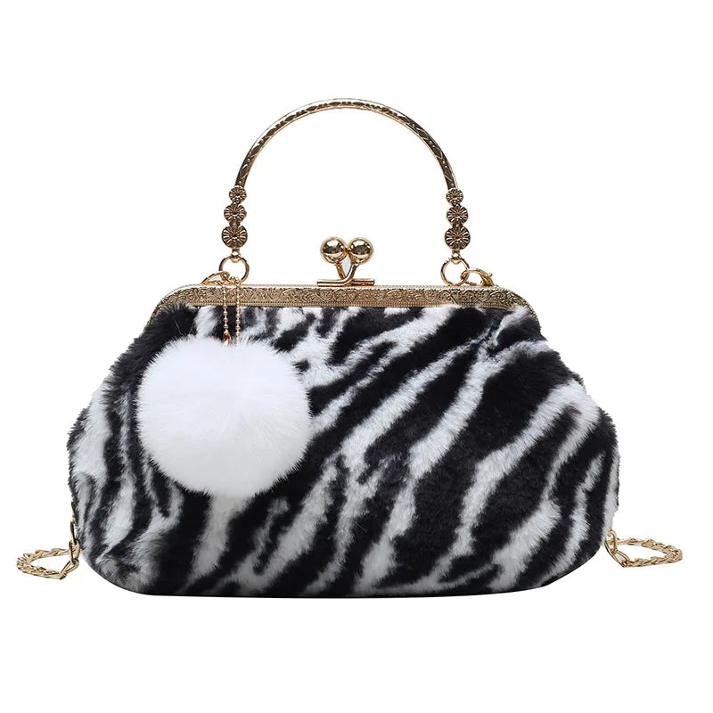 Winter Plush Dinner Bag Women Metal Chain Shoulder Messenger Bag