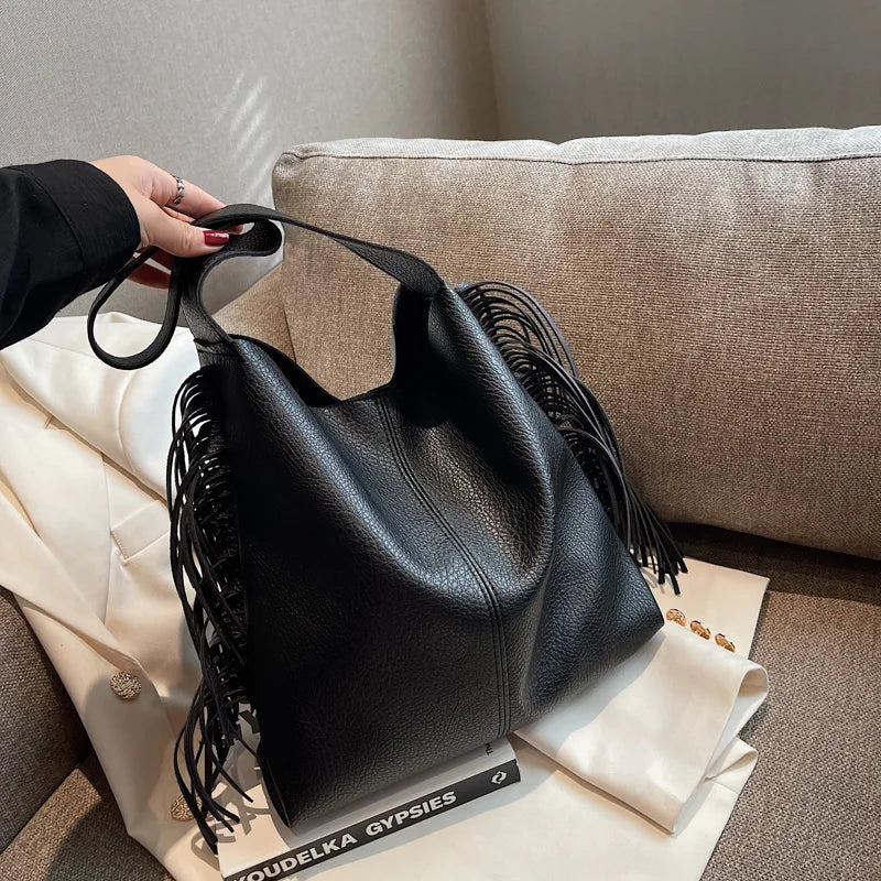 Winter 2pc Women's Tassel Shoulder Bag Solid Leather