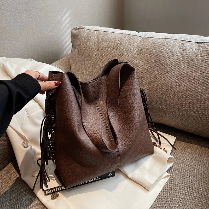 Winter 2pc Women's Tassel Shoulder Bag Solid Leather