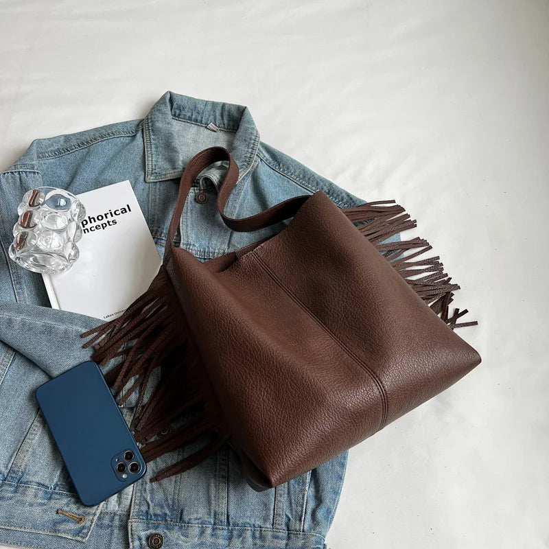 Winter 2pc Women's Tassel Shoulder Bag Solid Leather