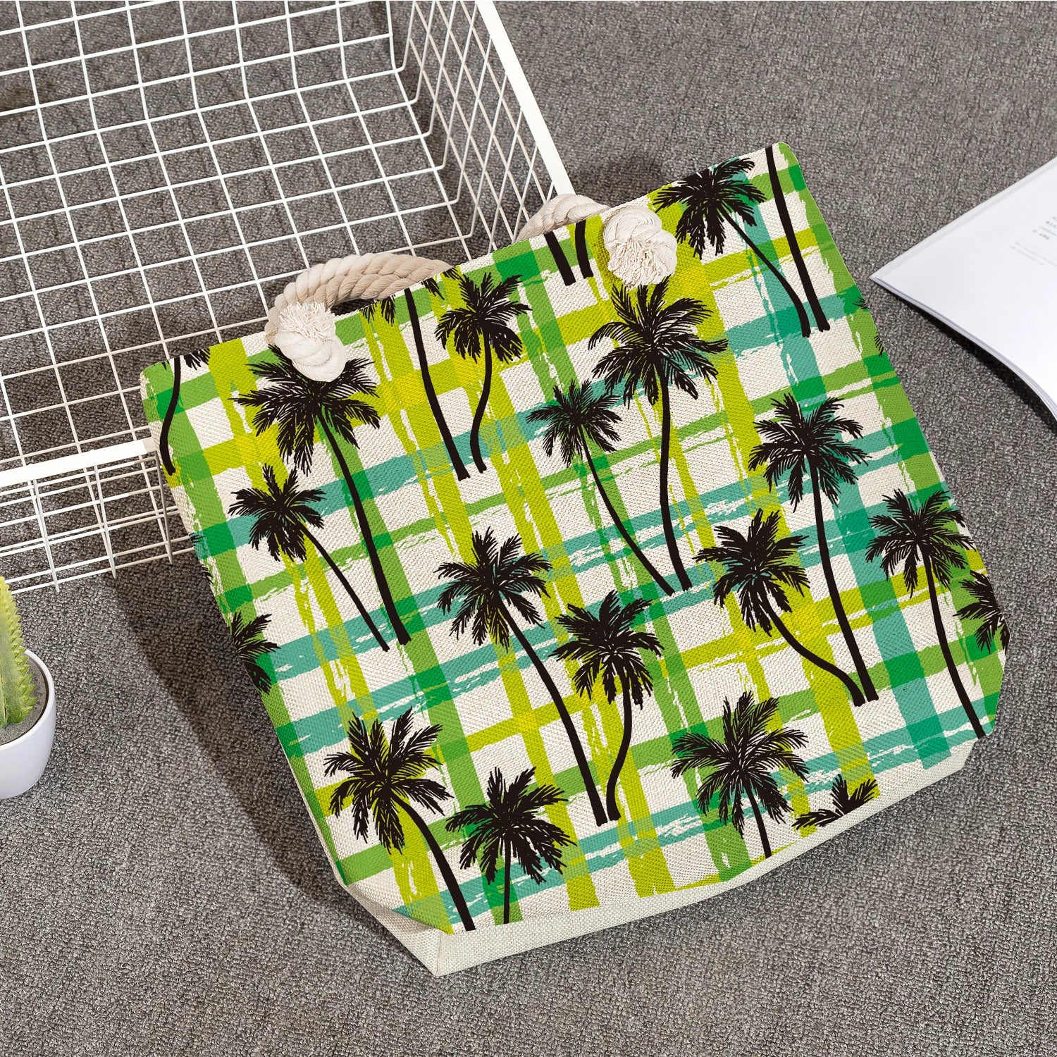 Coconut Tree Print Beach Tote Bag High Thick Rope Shoulder Bag