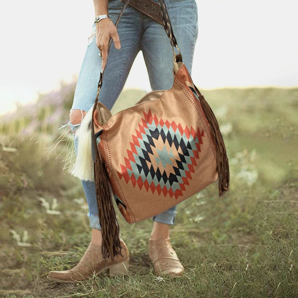 Hand-made Canvas Linen Women Beach Shoulder Bag Bohemian Style Shopper Bag