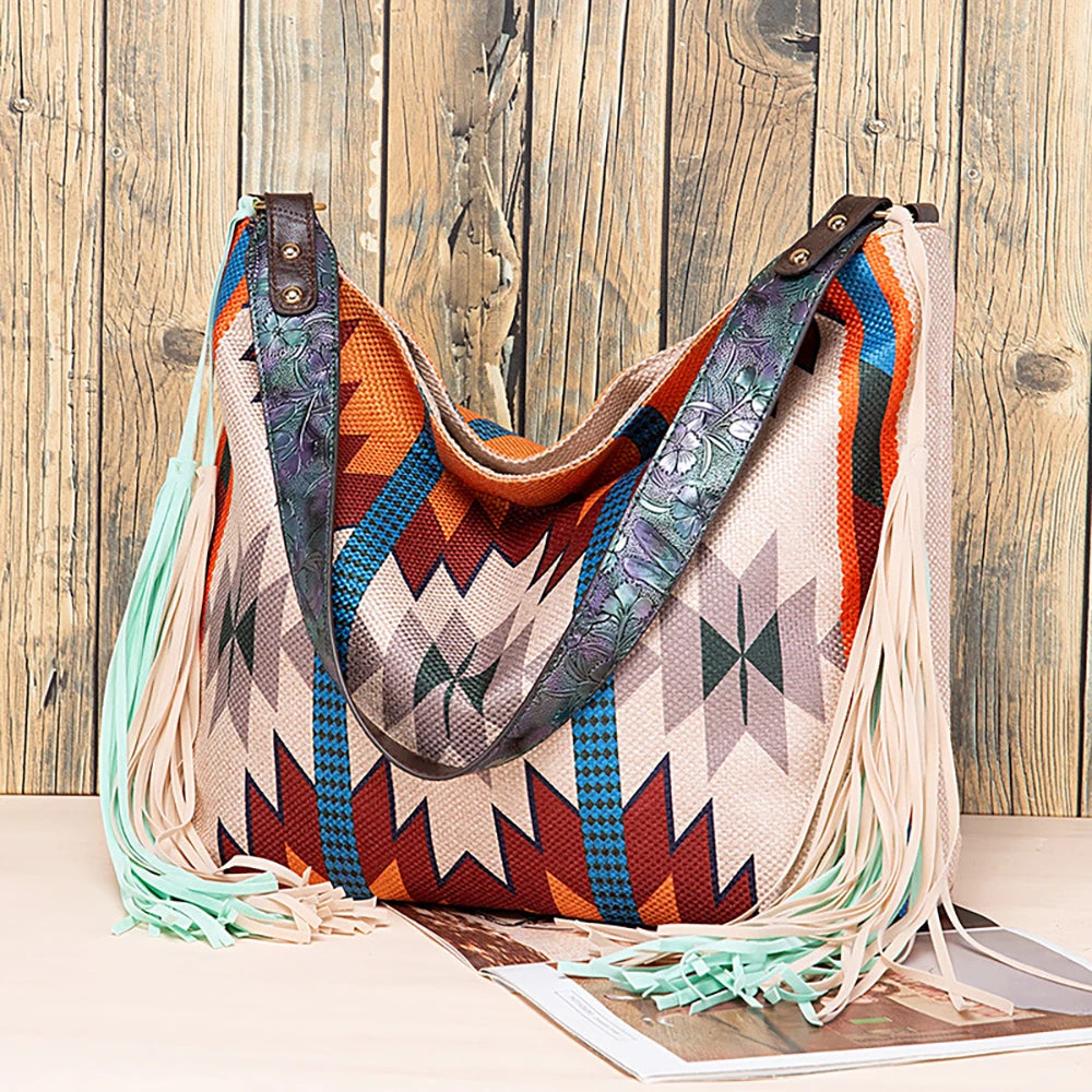 Hand-made Canvas Linen Women Beach Shoulder Bag Bohemian Style Shopper Bag
