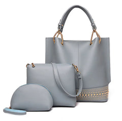British Style Rivets 3-Piece Leather Handbag Set