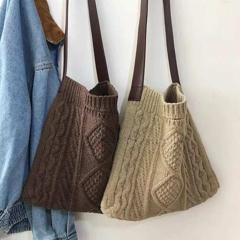 Vintage Knit Women Open Shopper Top-handle Bag