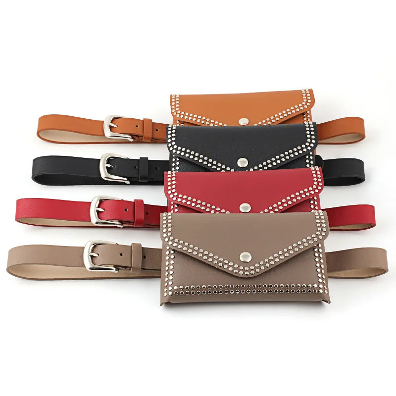 Vintage Rivet Waist Belt Bag Phone Pocket PU Leather Lady Fanny Pack