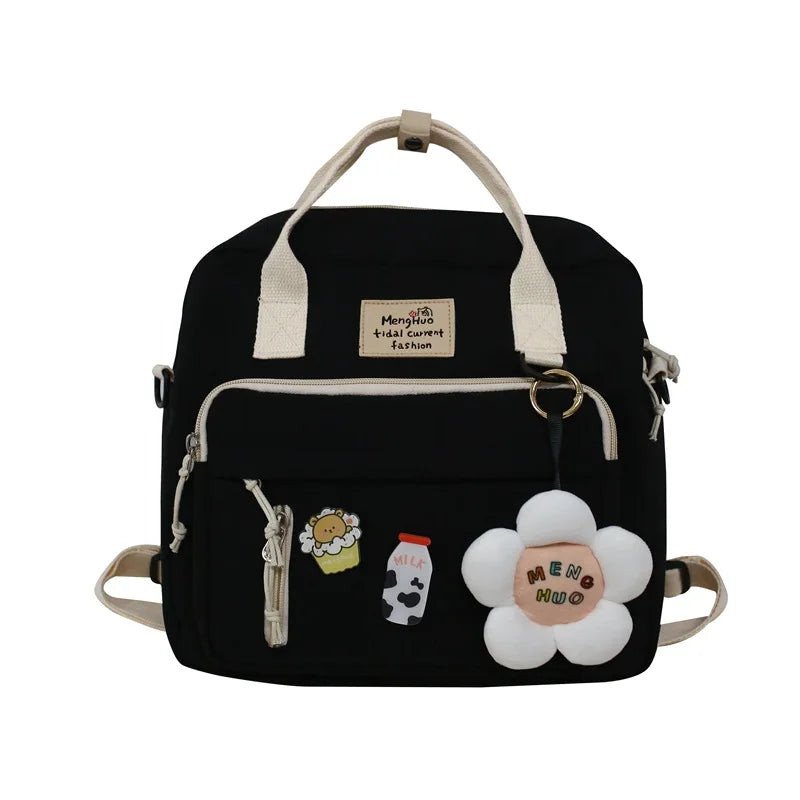 Women Canvas Mini Backpack School Bag Girl Flower Small Badge Backpack