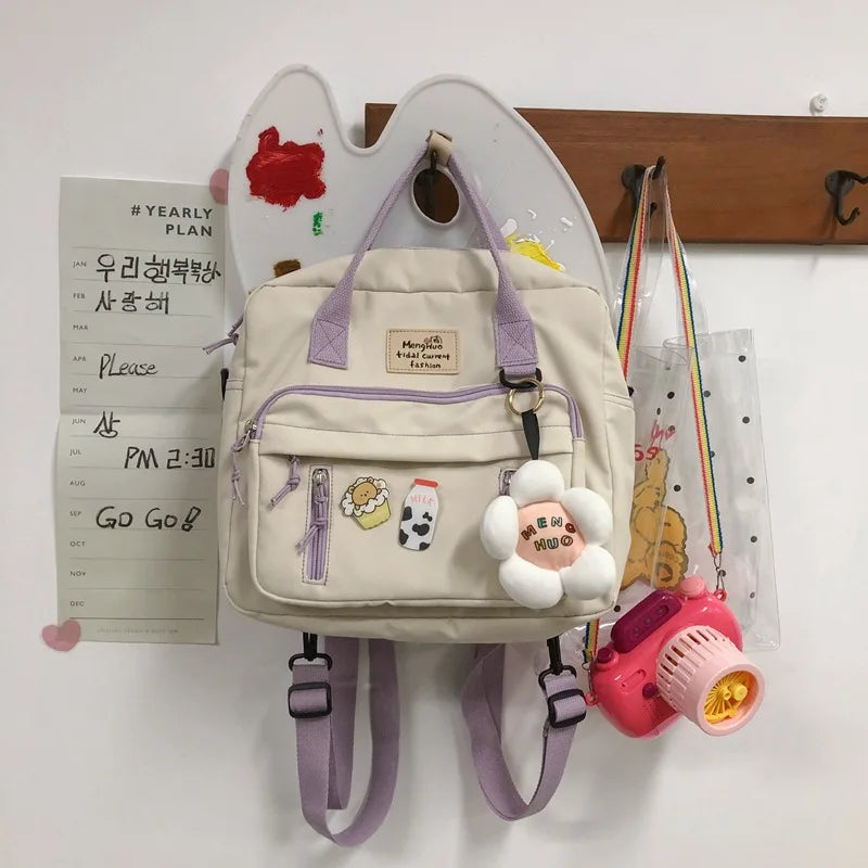 Women Canvas Mini Backpack School Bag Girl Flower Small Badge Backpack