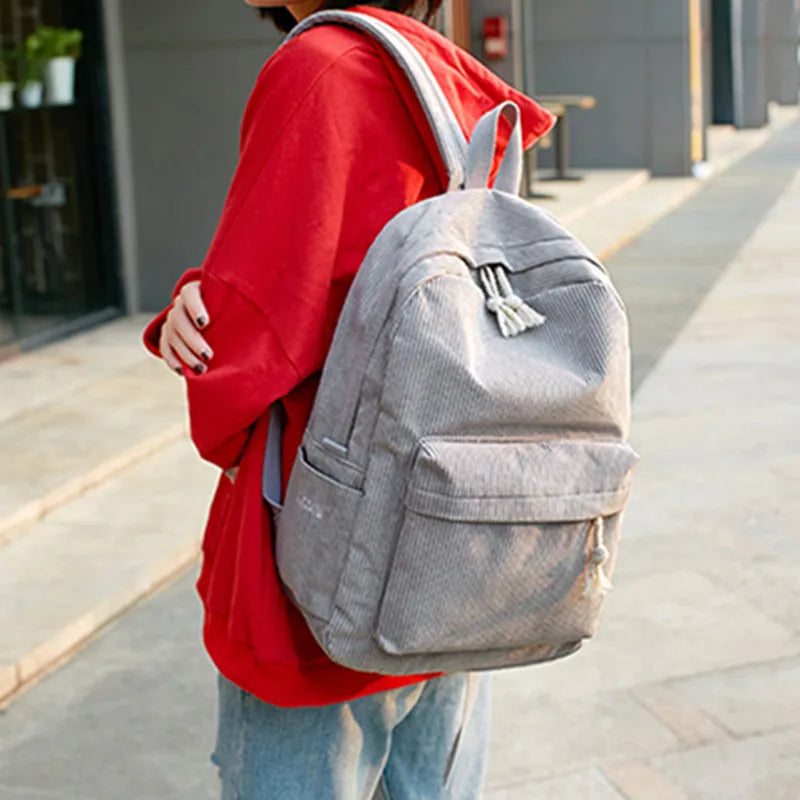 Corduroy School Backpack for Teenage Girls Travel Bag Striped Rucksack