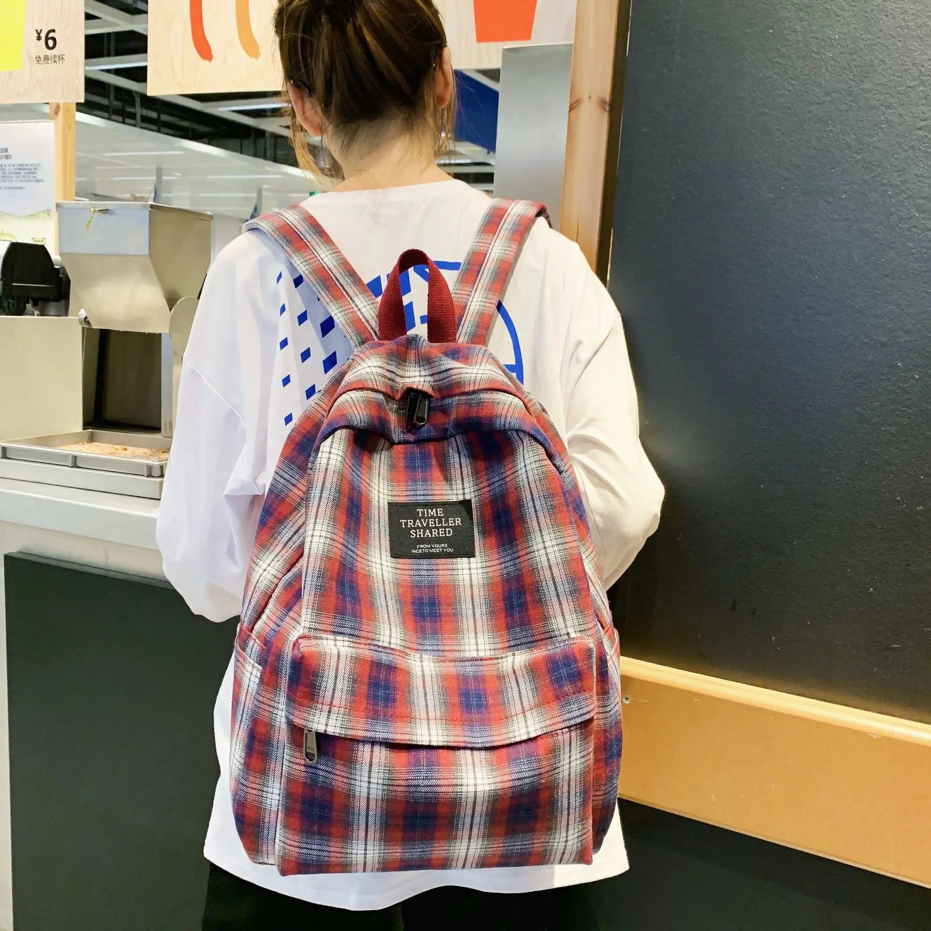 Plaid Canvas Student Backpack Large Capacity Waterproof Rucksack