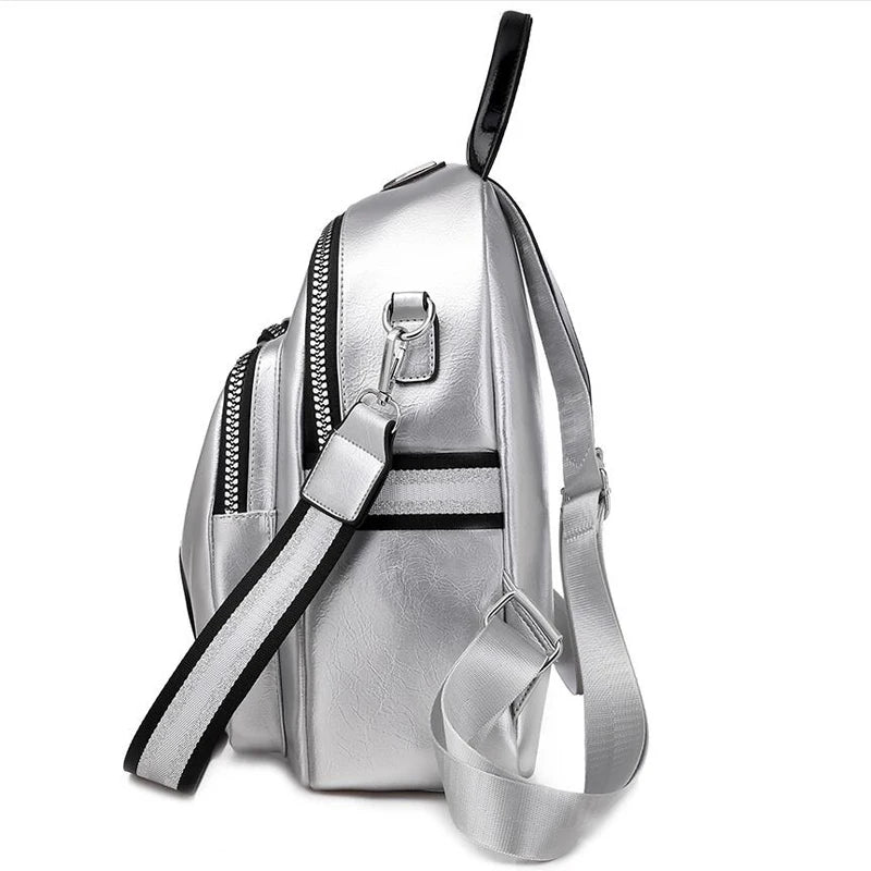 Women Backpack Multifunctional PU Leather Small Bagpack Silver