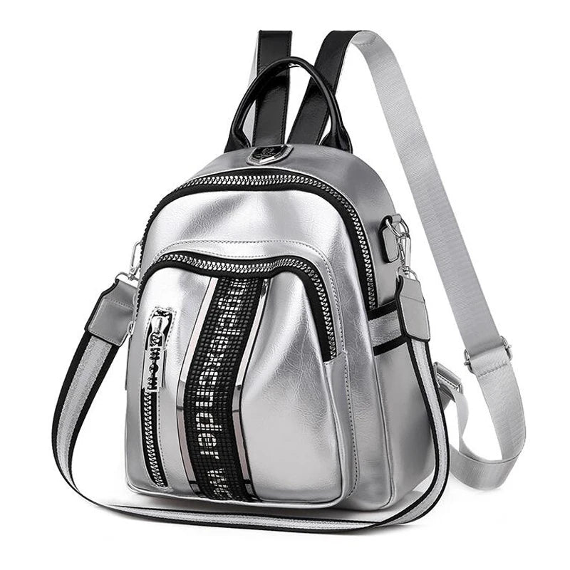 Women Backpack Multifunctional PU Leather Bagpack Silver