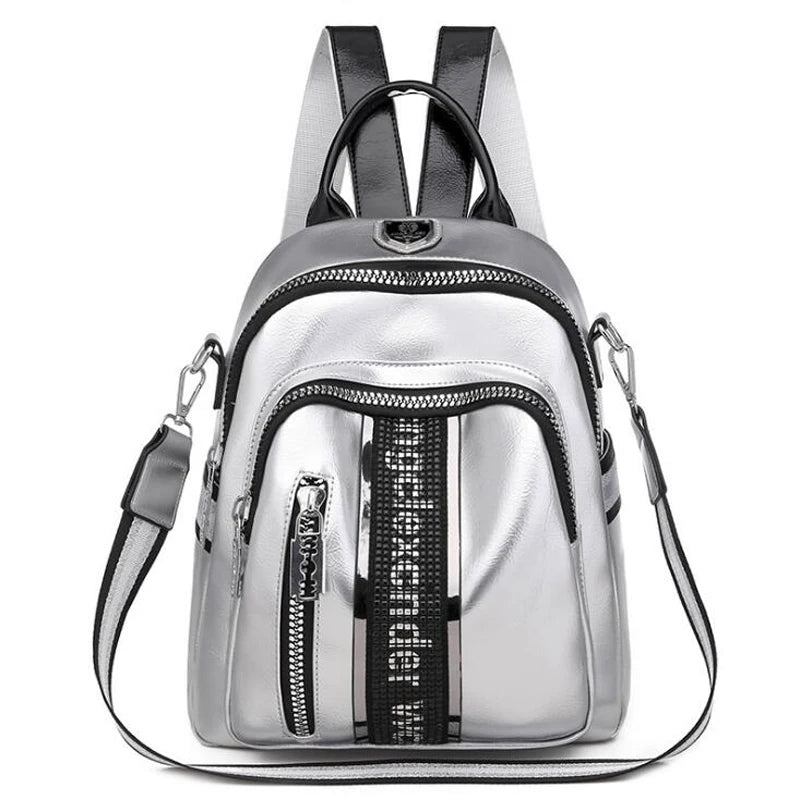 Women Backpack Multifunctional PU Leather Bagpack Silver