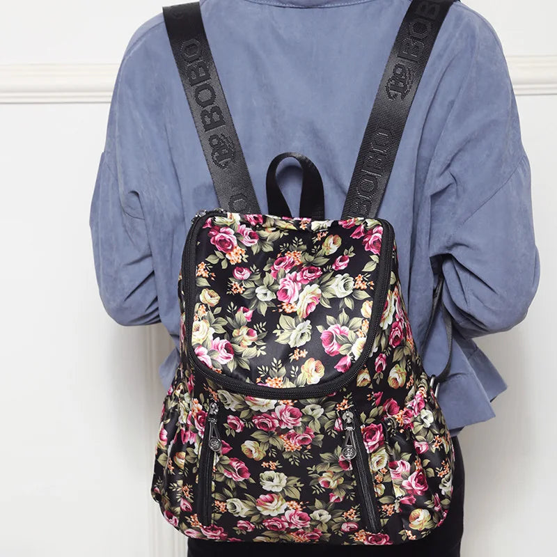 Floral Print Nylon Backpack Large Capacity Travel School Bag